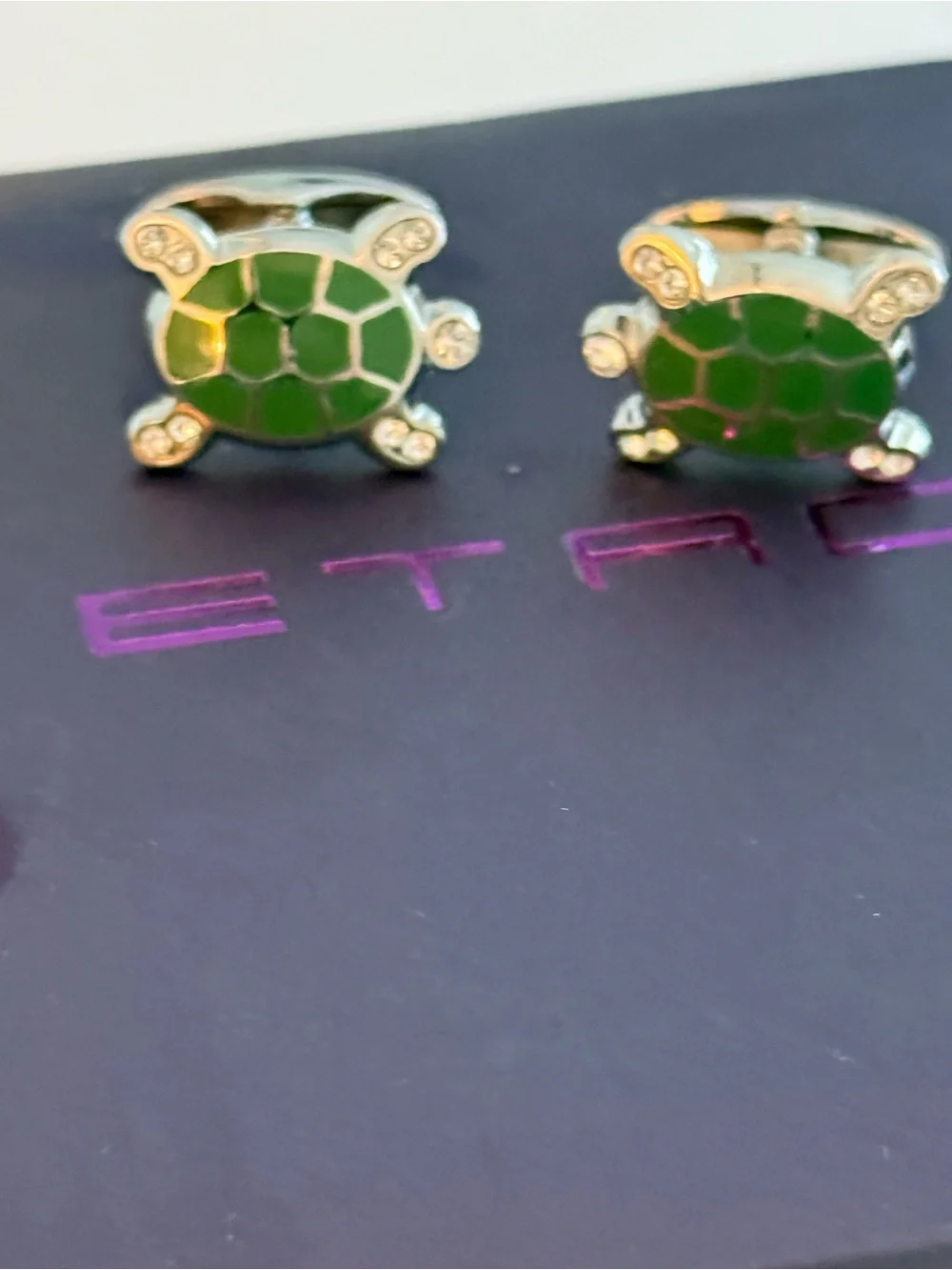 Etro RARE Turtle Green Enamel Cufflinks with Crystal Accents Never Worn